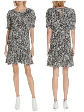 Joie Angeni Leopard Print Shift Mini Dress Puff Sleeve Black White Size XS